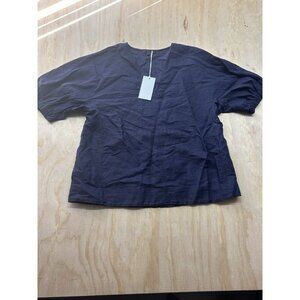 COS Sz 2 Navy Linen Shirt Top Puffy Sleeves V Neck Lightweight Blue